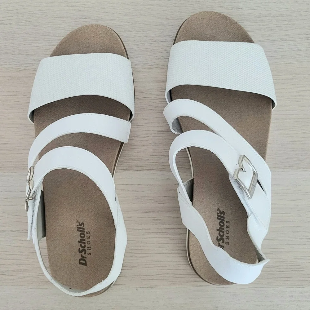 Dr Scholl's Timeless Fun Sandals White Tan Strappy Buckle Foam Footbed 8